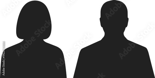 Male and female avatar silhouette set featuring front view human head and shoulders isolated on white background for profile design