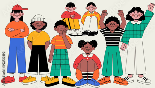 Very beautiful smiling kids characters in modern flat design style, diverse children illustration isolated on background expressing unity, happiness, and inclusive education concept.