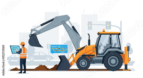 Engineer overseeing excavator digging trench on construction site.