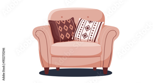 Comfortable pink upholstered armchair with decorative patterned cushions isolated on a white background for home interior and furniture design concepts.