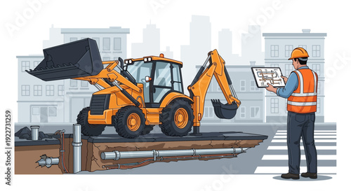 Excavator and engineer overseeing underground utility construction.