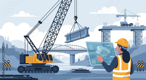 Female engineer overseeing construction site operations with crane.