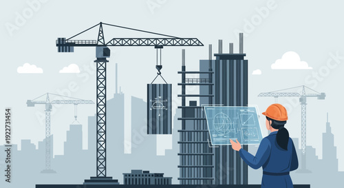 Female engineer overseeing construction site with digital blueprint.