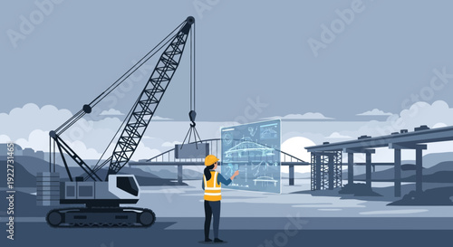 Female engineer overseeing construction with digital blueprint.