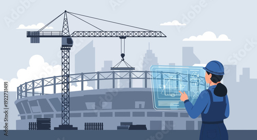 Female engineer overseeing stadium construction with holographic blueprint.