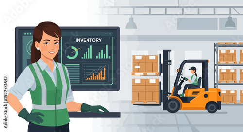 Female warehouse manager overseeing inventory management system.