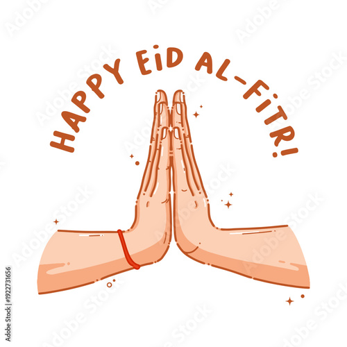 Vector cartoon illustration of hands folded in prayer position with the words "Happy Eid al-Fitr" written on it. Suitable for Ramadan and Eid al-Fitr designs.