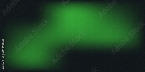 Dark technology hexagonal vector abstract background. Green bright energy flashes under hexagon in dark technology futuristic modern background vector illustration. Gray honeycomb texture grid.