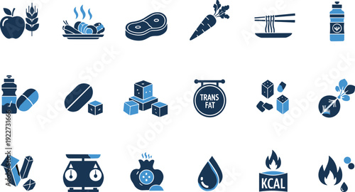 Nutrition and Diet Icon Set with Healthy Food Calories Vitamins and Fitness Symbols Vector Collection