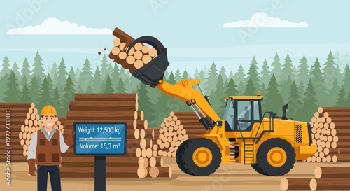 Front loader moving logs at a timber yard with a worker nearby.