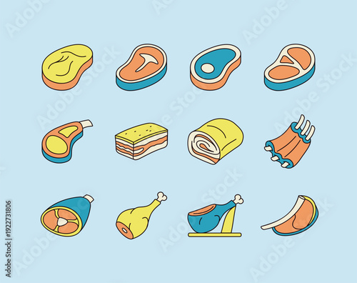 Various Meat Cuts Minimal Flat Icon Set