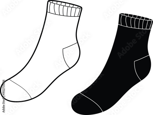 Pair of socks outline and filled silhouette illustration showing casual ankle hosiery design for everyday clothing accessory vector isolated on background