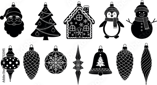 Christmas ornament silhouette icon set with Santa tree gingerbread house penguin snowman and festive decorations isolated on white background holiday vector illustration
