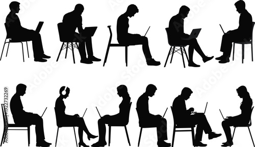 People sitting with laptops silhouettes, remote work lifestyle, freelancers and office workers using computers, digital communication, modern workspace isolated vector set