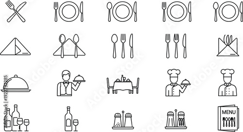 Restaurant Service Line Icon Set with Waiter Tableware Menu and Dining Outline