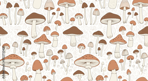Natural seamless pattern showcasing numerous brown mushrooms and delicate leaf outlines on a light background for autumn and forest themes.