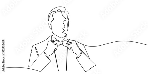 One line drawing, Continuous single line: A handsome man is tying a bow tie. Editable stroke.