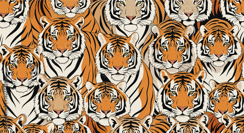 Powerful seamless pattern featuring multiple detailed tiger faces in vibrant orange and black for bold textile and wildlife designs.