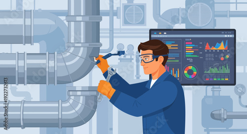 Skilled Engineer Adjusting Industrial Pipes with Wrench.