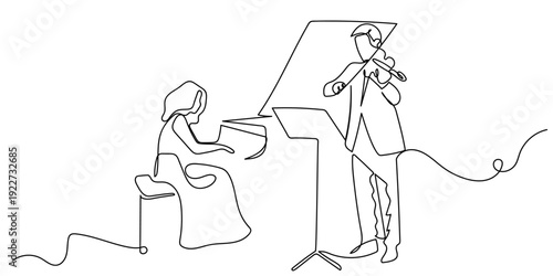 One line drawing. Continuous single line. A musician playing piano and violin. Editable stroke.