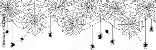 Halloween spider web border with hanging black spiders for spooky party decorations, creepy holiday backgrounds, and festive graphic design elements.