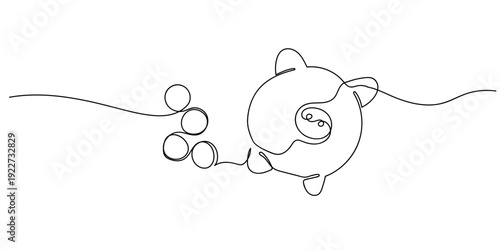 One line drawing. Continuous single line. Concept of saving money: coins and piggy bank. Editable stroke.