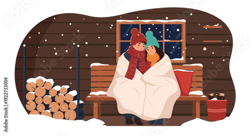 Romantic illustration of a couple sitting on a wooden bench in the snow wrapped together in a cozy blanket outside a cabin in winter.