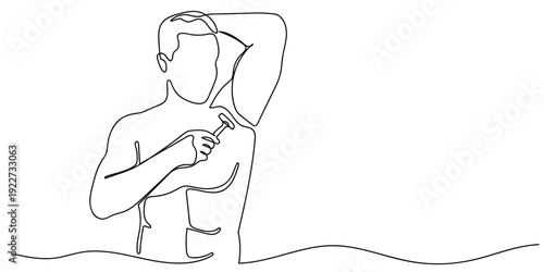 One line drawing, Continuous single line: A man shaving his armpit hair. Editable stroke.
