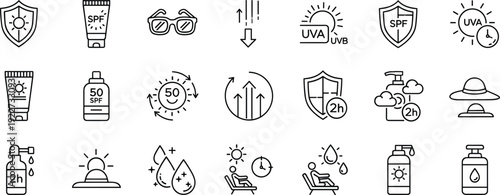 Sun Protection and Skincare Line Icon Set Featuring SPF Lotion UV Shield Summer Care and Dermatology Safety Symbols for Health Design