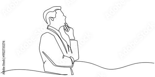 One-line drawing. Continuous single line. Side view of a man holding his chin, deep in thought. Editable stroke.