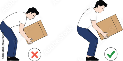 Proper lifting technique versus incorrect posture illustration, worker lifting box safely with bent knees, workplace safety vector showing ergonomics and injury prevention concept