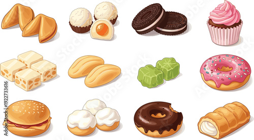 Sweet Bakery Dessert Illustration Set with Donuts Cookies Cupcakes and Pastry Treats Collection
