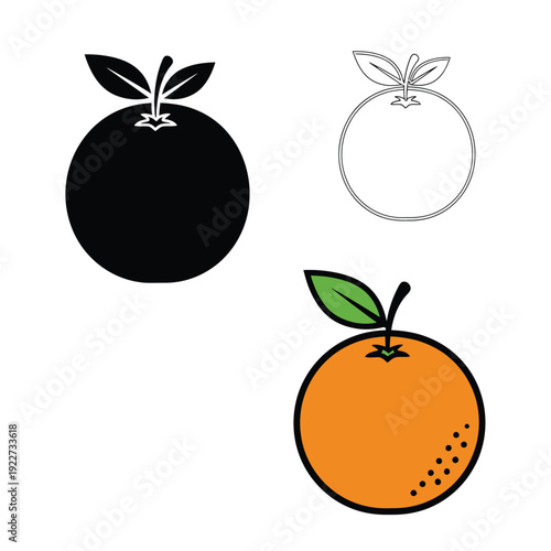 Orange citrus fruit icons set with black silhouette and thin line art graphics