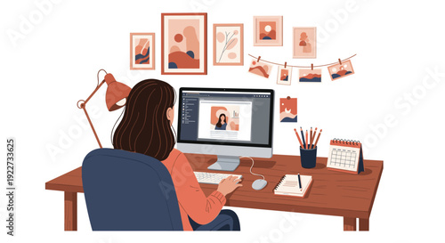Young woman working at her home office desk with a computer monitor lamp and wall decorations for remote work and digital nomad lifestyle.