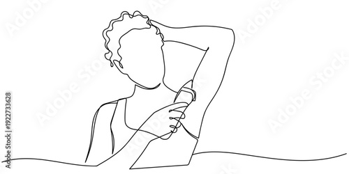 A continuous single line of a woman using a hair trimmer on her armpit area. Editable stroke.