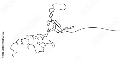 A continuous single line of divers is diving to view the coral reefs. Editable stroke.