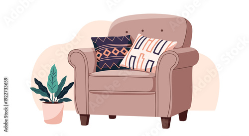 Modern living room armchair with decorative patterned cushions and a green potted plant nearby for contemporary home interior design concepts.