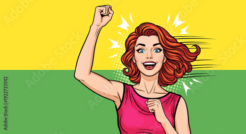 A woman with red hair raising a fist in triumph with a green and yellow background. Her radiant smile is captivating