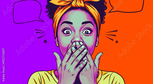 An expressive illustration capturing a person's surprise, with speech bubbles suggesting thought or expression. The person covers mouth with hands in shock, conveying awe.