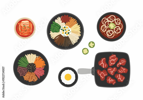 Flat Illustration Set Various Korean Cuisine Traditional Food Dishes