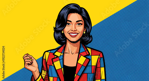 Smiling woman wearing a colorful blazer in a pop art style