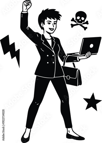 Flat design triumphant business woman holding laptop and briefcase fist raised side view with skull icon lightning bolt star silhouette