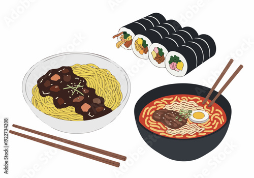Line Art Delicious Assorted Korean Food Cuisine Dishes Illustration