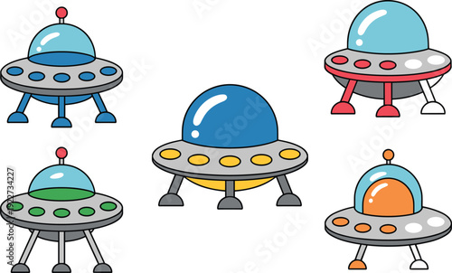 Set of cartoon UFO spaceships flying saucers collection futuristic alien vehicles flat vector illustration sci fi icons isolated on white background