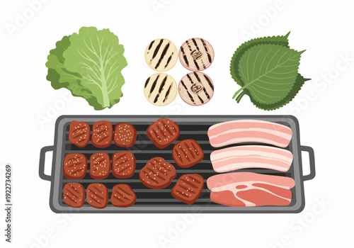 Flat Illustration Korean Barbecue Grill with Meat and Vegetables Scene