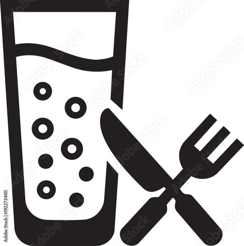 Outline icon of a tall glass of bubbly water next to crossed knife and fork, symbolizing dining.