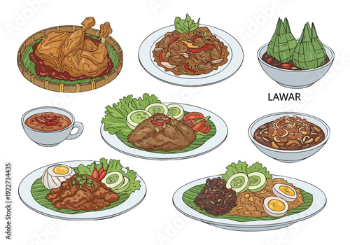 Handdrawn Delicious Indonesian Traditional Cuisine Food Dishes Culinary Illustration