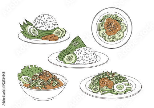 Line Art Indonesian Traditional Cuisine Dish Set Food Illustration