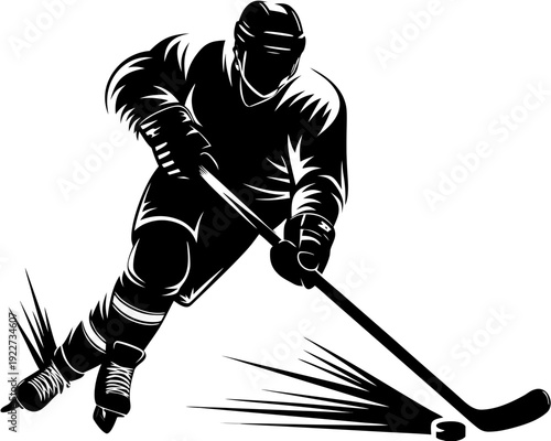A dynamic ice hockey player bursts across the rink, gripping a curved stick as they chase the puck. This energetic silhouette captures speed, skill, and intense athletic