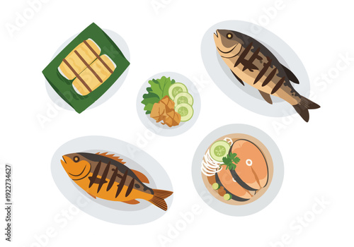 Colorful Flat Illustration of Delicious Indonesian Food Cuisine Set Menu